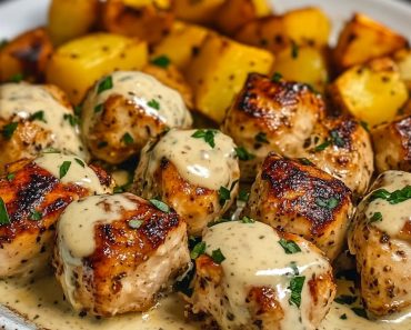 Garlic Butter Chicken Bites with Parmesan Cream Sauce and Cheesy Roasted Potatoes